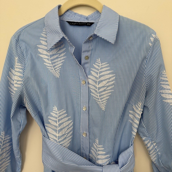 Zara Blue and White Long Sleeve Midi/Maxi Dress with White Embroidered Pattern - Picture 2 of 13